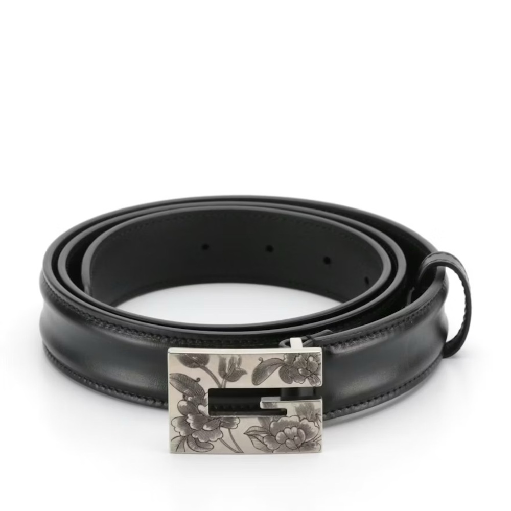 Gucci Black Leather Belt with Floral Silver Buckle